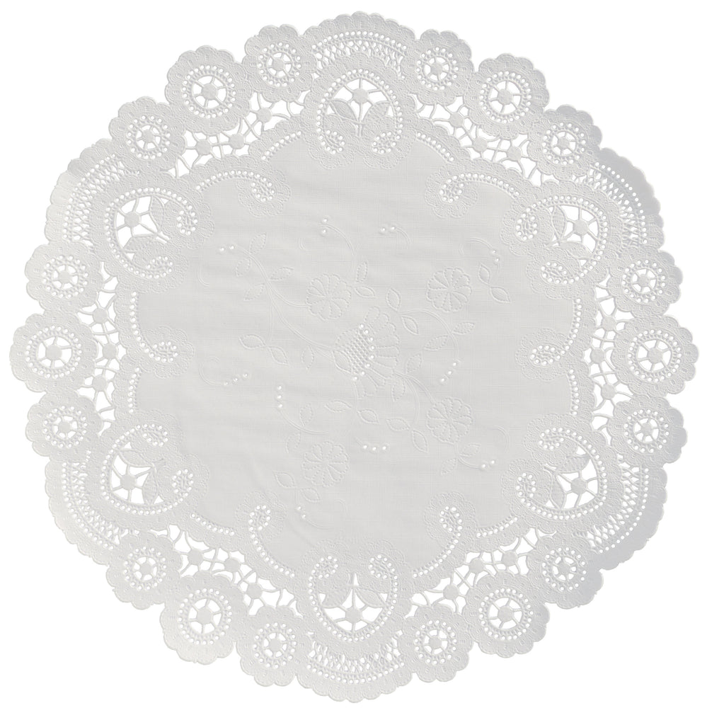 White color paper doilies available in the delicate French lace style and in sizes ranging from 4” to 12”